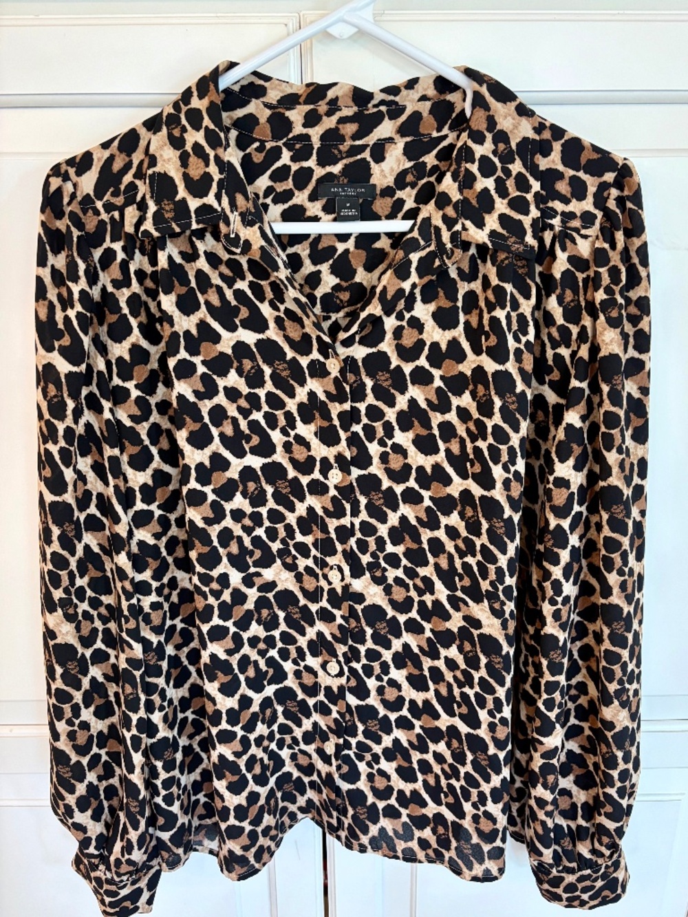 Ann Taylor animal, leopard print, long sleeve polyester, blouse, medium